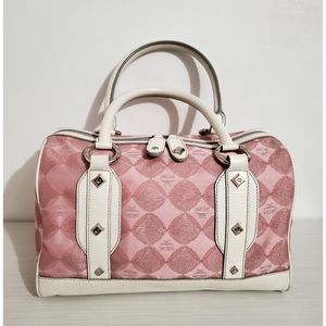 RARE MCM Pink & White Canvas Leather Studded Logo Motifs Medium Boston B…